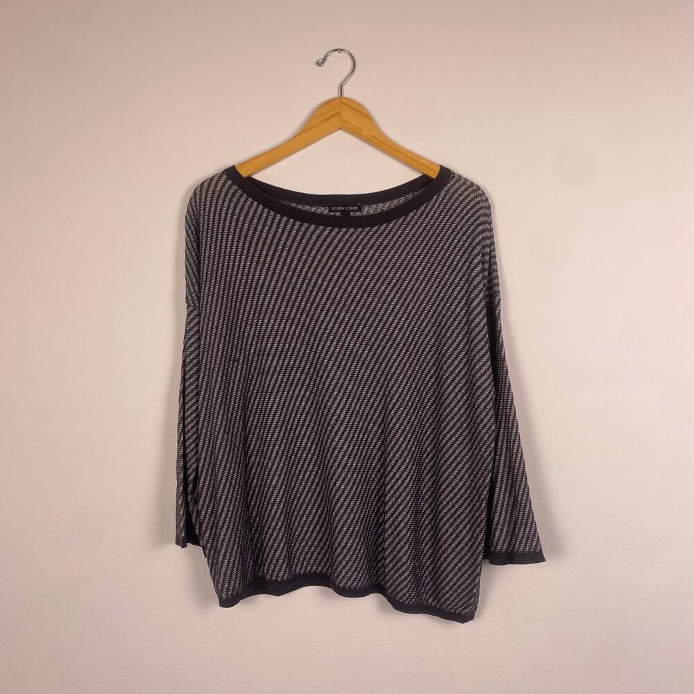 Eileen Fisher Boxy Boatneck Tencel Sweater Diagonal Stripe Medium